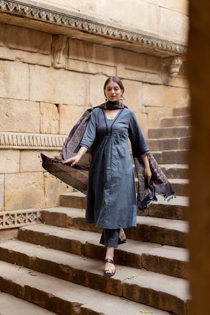 Indigo Sand Kurta Set with Ajrakh Dupatta