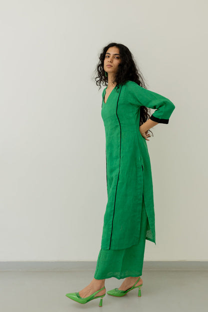 Bottlegreen Linen Kurta and pants Set