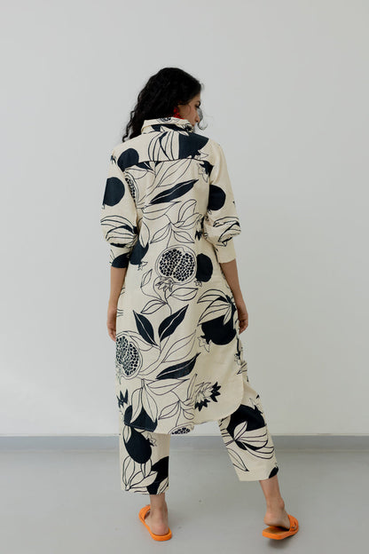 Cream pomegranate print button down tunic