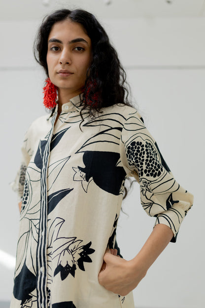 Cream pomegranate print button down tunic