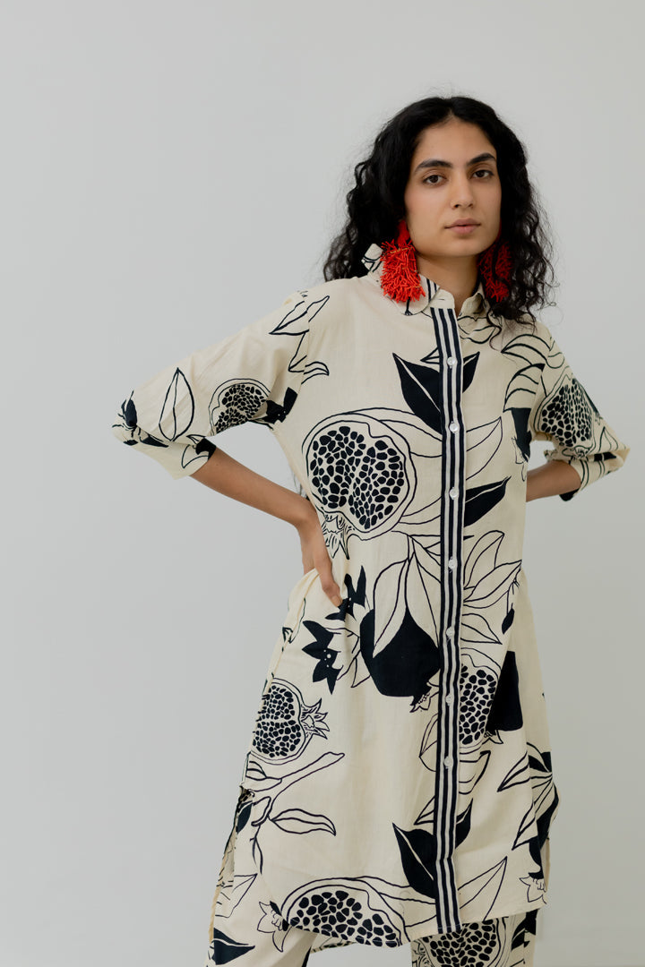 Cream pomegranate print button down tunic