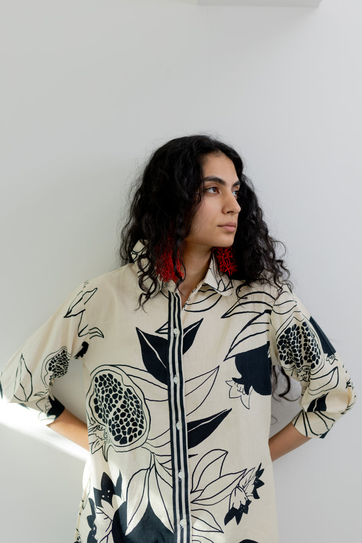 Cream pomegranate print button down tunic