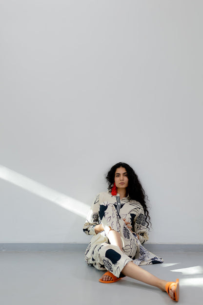 Cream pomegranate print tunic and pants Co-Ord