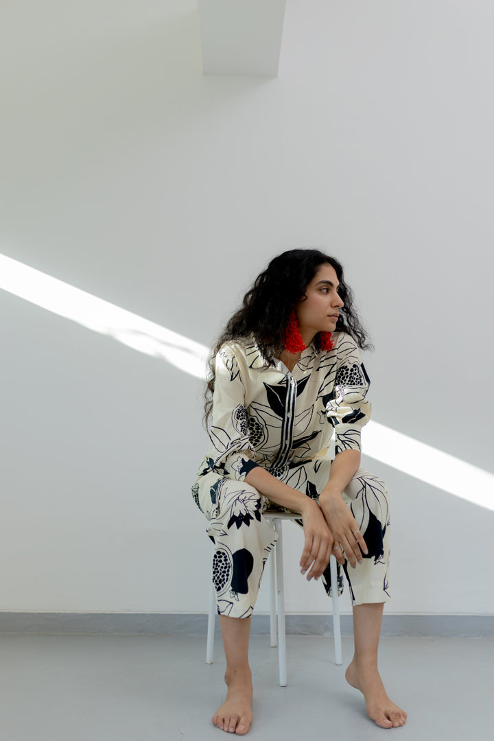 Cream pomegranate print tunic and pants Co-Ord