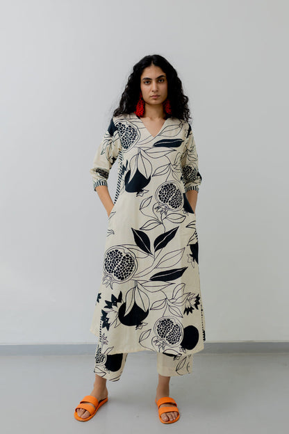 Cream pomegranate print Kurta and Pants set