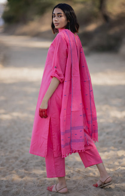 Pink Mulmul Kurta Set with Dupatta