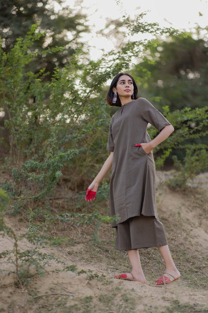 Charcoal Kurta Set with Yellow Dupatta