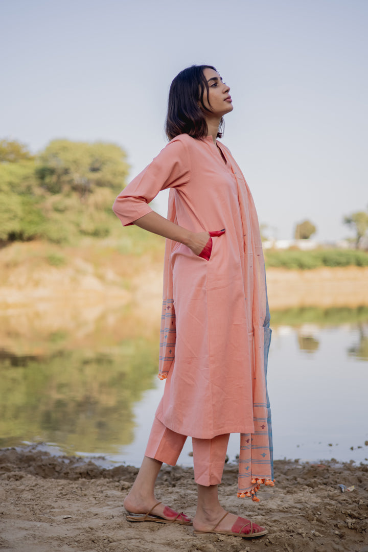 Peach Cotton Kurta Set