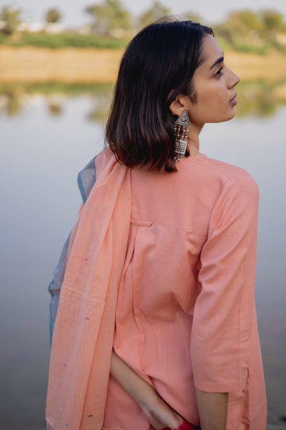Peach Cotton Kurta set with Jaamdani Dupatta