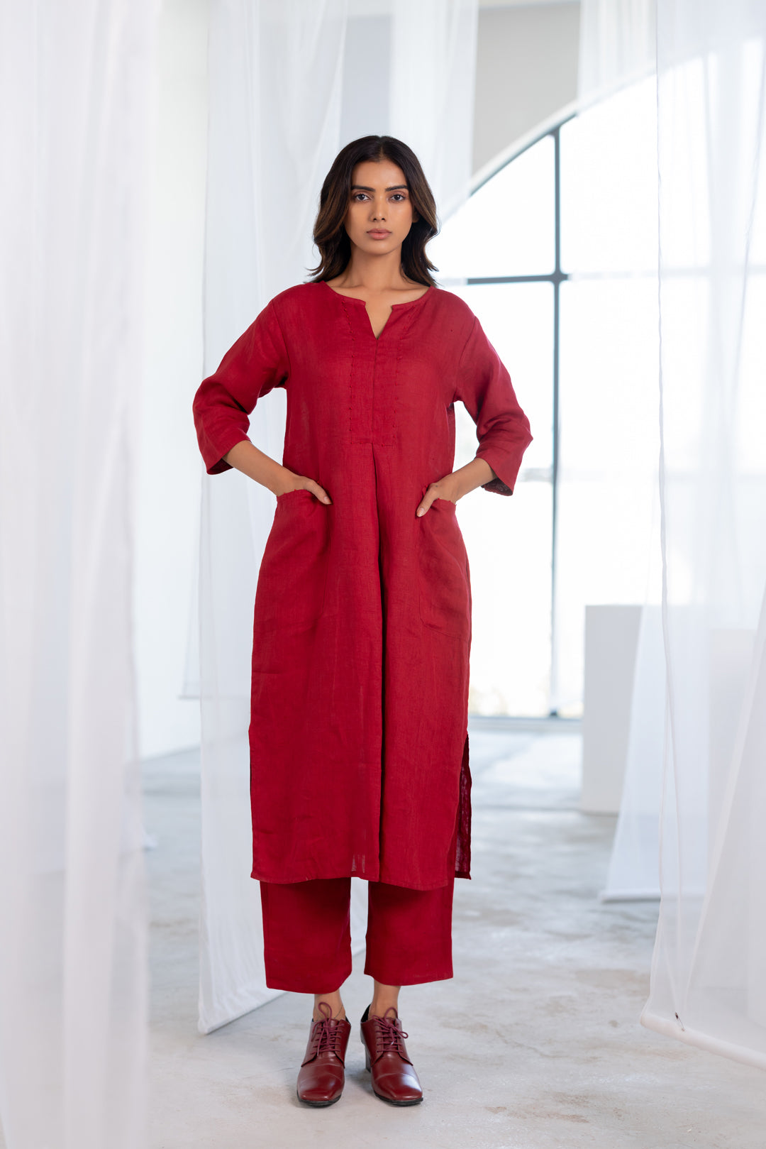 Garnet Adorned Linen Kurta