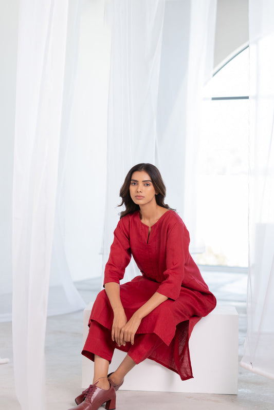 Garnet Adorned Linen Kurta