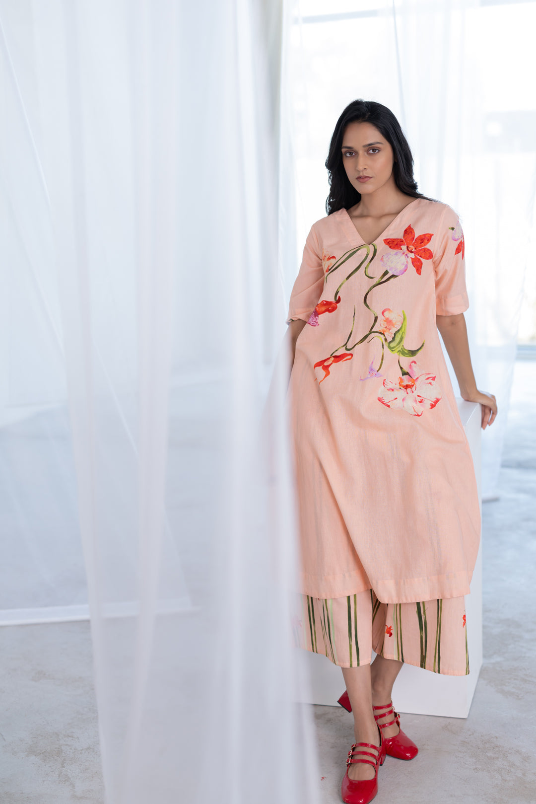 Blush Peach Orchids Kurta