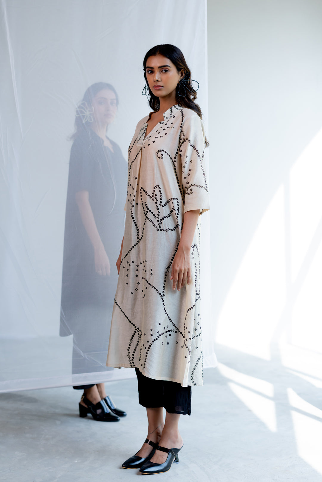 Ecru Bandhani Kurta and Black Pants Set