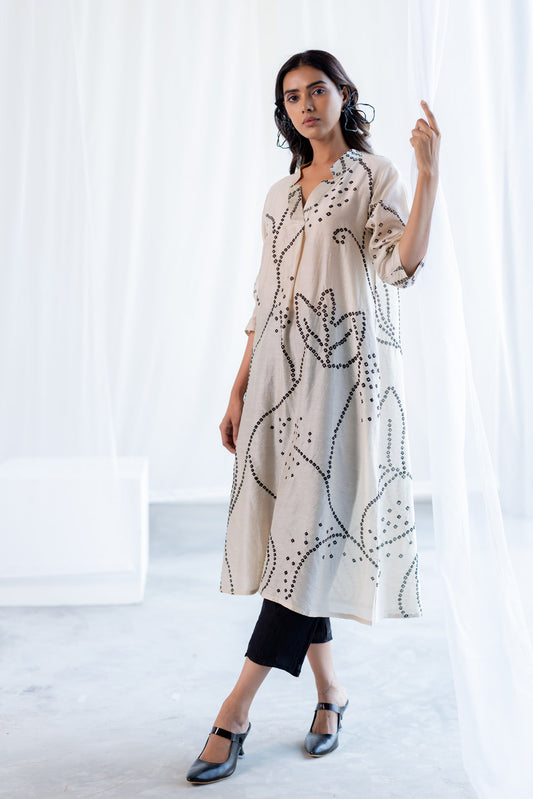 Ecru Bandhani Kurta and Black Pants Set