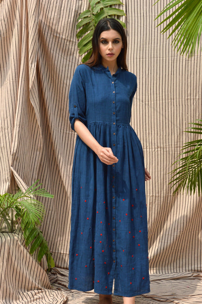 Indigo Shirt Dress with Red Polka