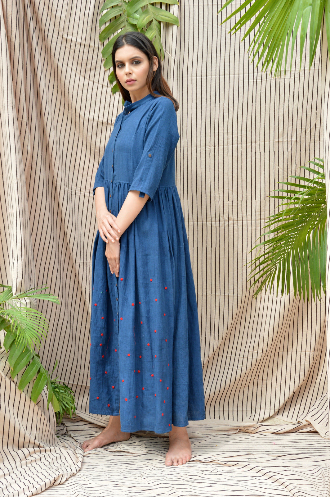 Indigo Shirt Dress with Red Polka