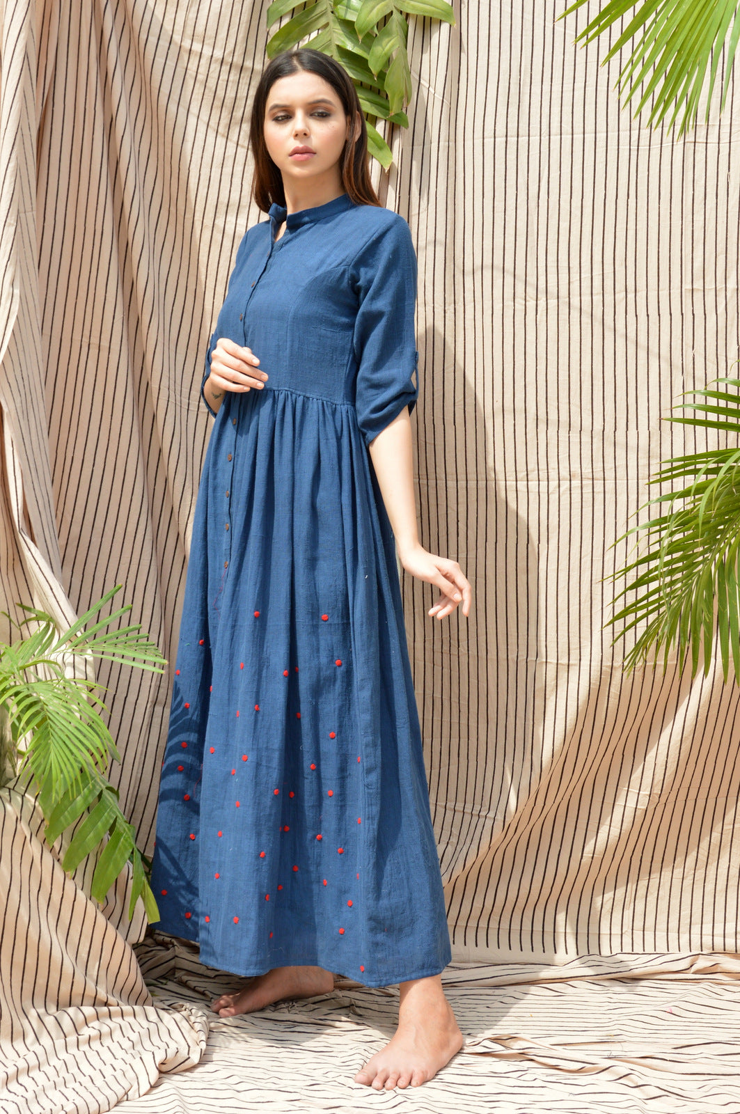 Indigo Shirt Dress with Red Polka