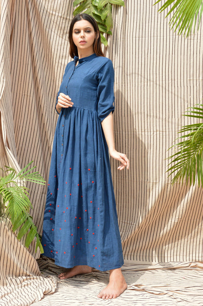 Indigo Shirt Dress with Red Polka