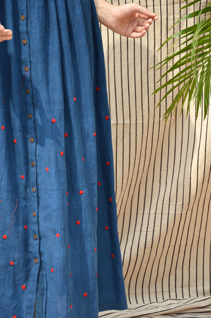 Indigo Shirt Dress with Red Polka
